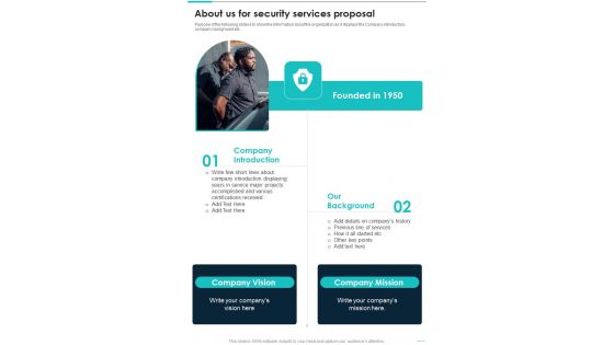 About Us For Security Services Proposal One Pager Sample Example Document