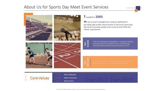 About Us For Sports Day Meet Event Services Ppt PowerPoint Presentation Infographics Visual Aids