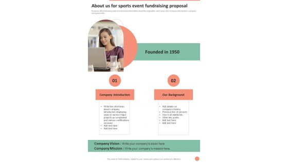 About Us For Sports Event Fundraising Proposal One Pager Sample Example Document