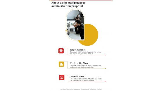 About Us For Staff Privilege Administration Proposal One Pager Sample Example Document