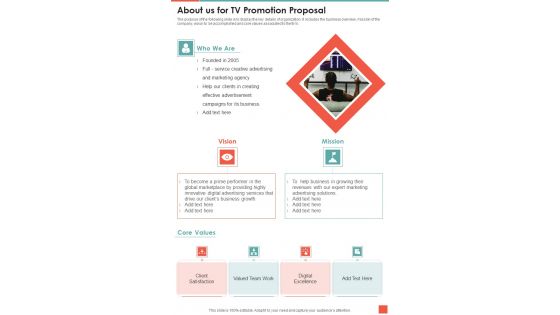 About Us For TV Promotion Proposal One Pager Sample Example Document