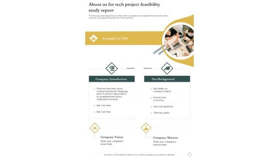 About Us For Tech Project Feasibility Study Report One Pager Sample Example Document