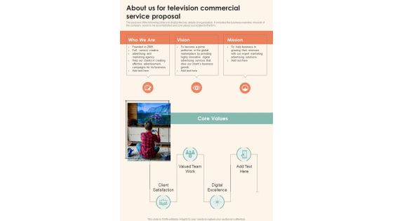 About Us For Television Commercial Service Proposal One Pager Sample Example Document
