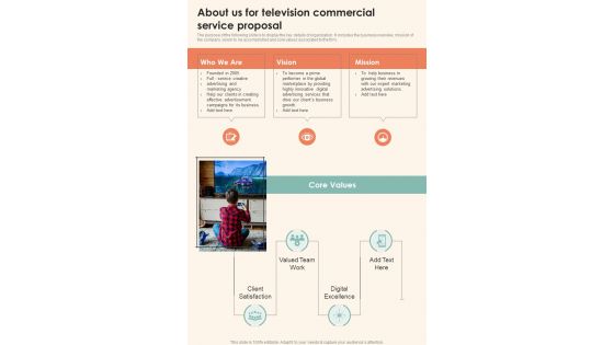 About Us For Television Commercial Service Proposal One Pager Sample Example Document About Us For Television Commercial Service Proposal One Pager Sample Example Document