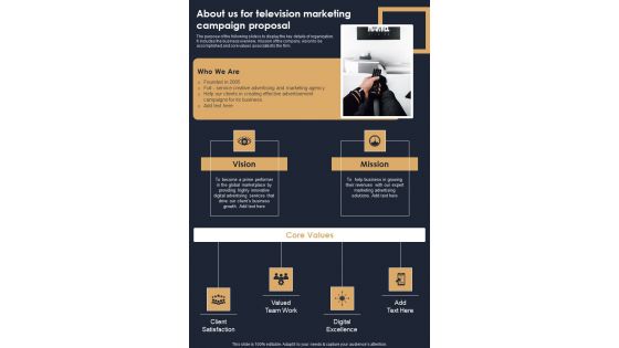 About Us For Television Marketing Campaign Proposal One Pager Sample Example Document