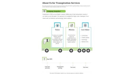 About Us For Transpiration Services One Pager Sample Example Document