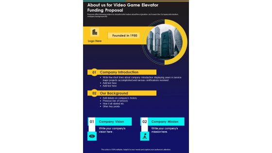 About Us For Video Game Elevator Funding Proposal One Pager Sample Example Document