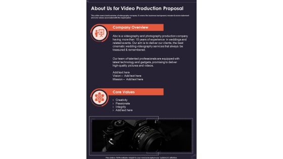 About Us For Video Production Proposal One Pager Sample Example Document