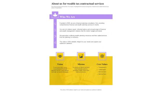 About Us For Wealth Tax Contractual Services One Pager Sample Example Document