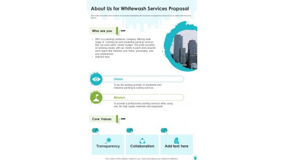 About Us For Whitewash Services Proposal One Pager Sample Example Document