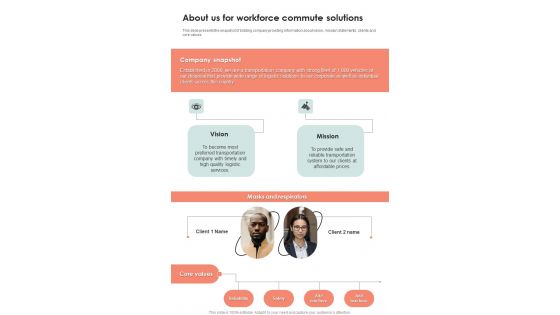 About Us For Workforce Commute Solutions One Pager Sample Example Document