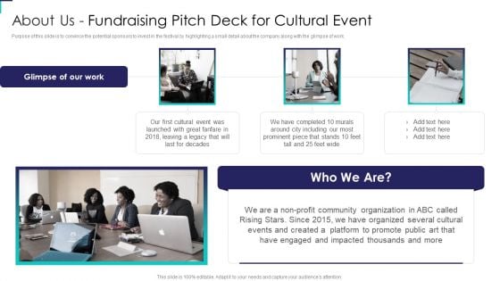 About Us Fundraising Pitch Deck For Cultural Event Designs PDF