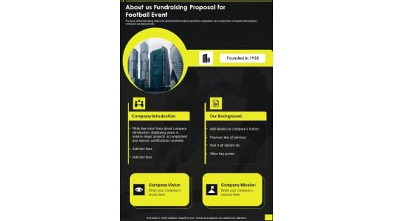 About Us Fundraising Proposal For Football Event One Pager Sample Example Document About Us Fundraising Proposal For Football Event One Pager Sample Example Document