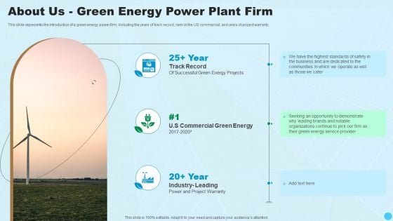 About Us Green Energy Power Plant Firm Clean And Renewable Energy Ppt PowerPoint Presentation Styles Picture PDF