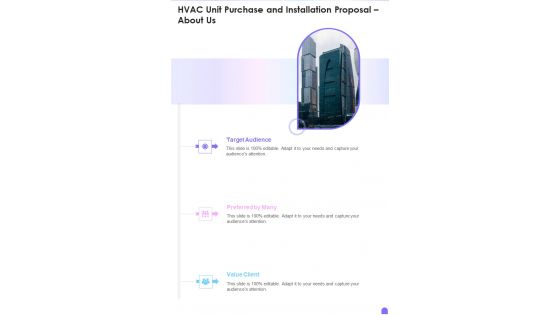 About Us HVAC Unit Purchase And Installation Proposal One Pager Sample Example Document