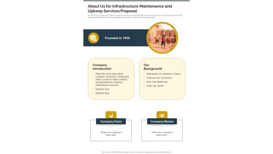 About Us Infrastructure Maintenance Upkeep Services Proposal One Pager Sample Example Document