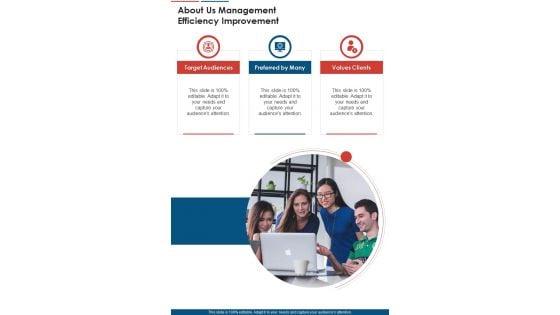 About Us Management Efficiency Improvement One Pager Sample Example Document