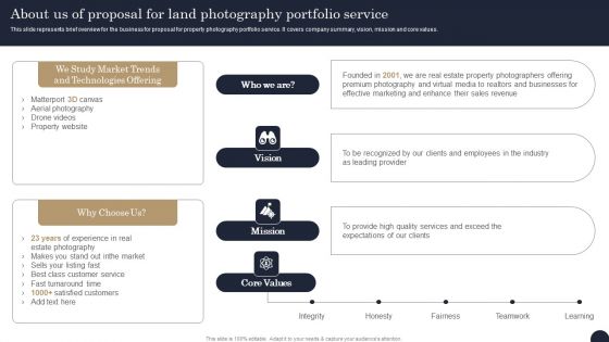 About Us Of Proposal For Land Photography Portfolio Service Sample PDF