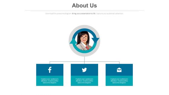 About Us Page With Social Media Links Powerpoint Slides