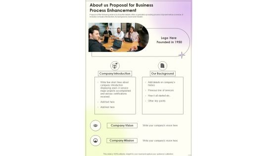 About Us Proposal For Business Process Enhancement One Pager Sample Example Document About Us Proposal For Business Process Enhancement One Pager Sample Example Document