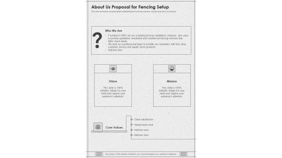 About Us Proposal For Fencing Setup One Pager Sample Example Document