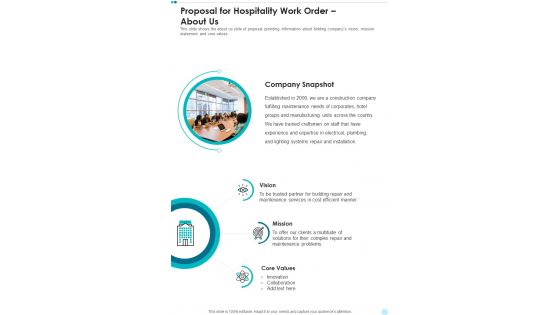 About Us Proposal For Hospitality Work Order One Pager Sample Example Document