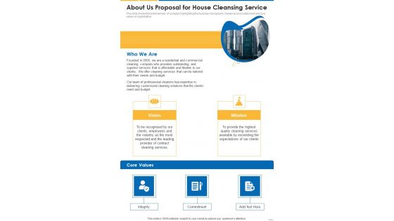 About Us Proposal For House Cleansing Service One Pager Sample Example Document