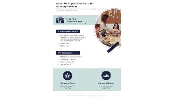 About Us Proposal For Pre Sales Advisory Services One Pager Sample Example Document About Us Proposal For Pre Sales Advisory Services One Pager Sample Example Document
