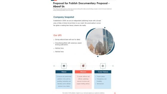 About Us Proposal For Publish Documentary Proposal One Pager Sample Example Document