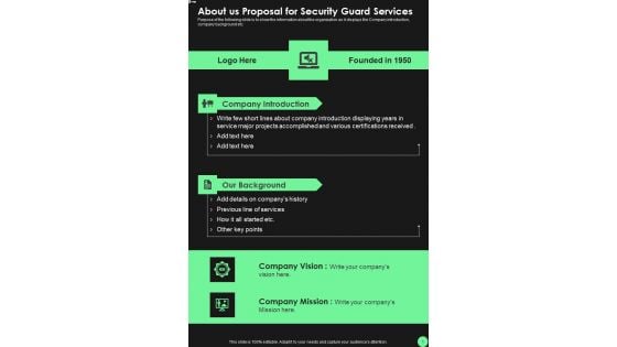 About Us Proposal For Security Guard Services One Pager Sample Example Document