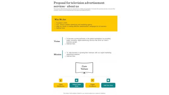 About Us Proposal For Television Advertisement Services One Pager Sample Example Document About Us Proposal For Television Advertisement Services One Pager Sample Example Document