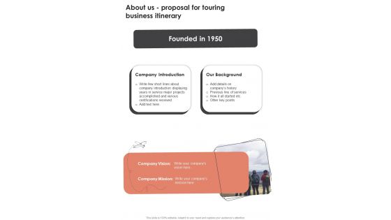 About Us Proposal For Touring Business Itinerary One Pager Sample Example Document About Us Proposal For Touring Business Itinerary One Pager Sample Example Document