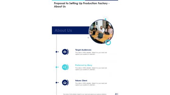 About Us Proposal To Setting Up Production Factory One Pager Sample Example Document