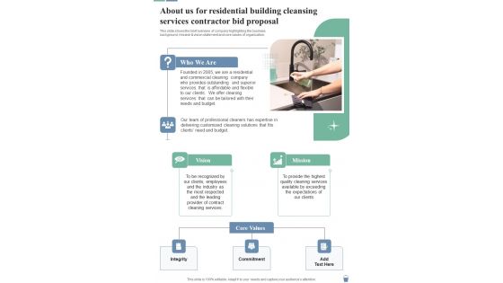 About Us Residential Building Cleansing Services Contractor Bid One Pager Sample Example Document