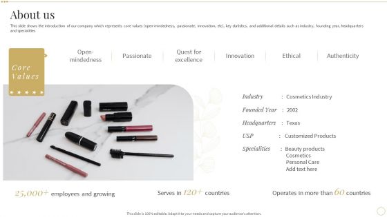 About Us Skin Care And Beautifying Products Company Profile Portrait PDF
