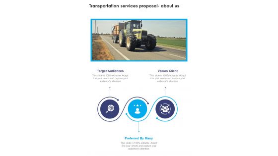 About Us Transportation Services Proposal One Pager Sample Example Document About Us Transportation Services Proposal One Pager Sample Example Document