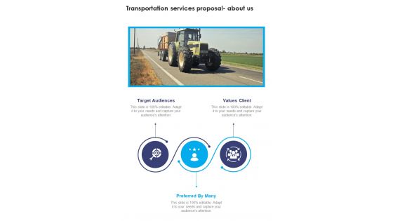 About Us Transportation Services Proposal One Pager Sample Example Document