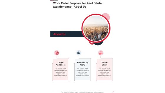 About Us Work Order Proposal For Real Estate Maintenance One Pager Sample Example Document