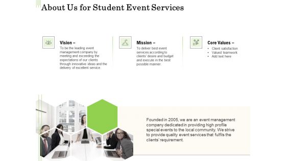 Academic Study Proposal About Us For Student Event Services Ppt Styles Icon PDF