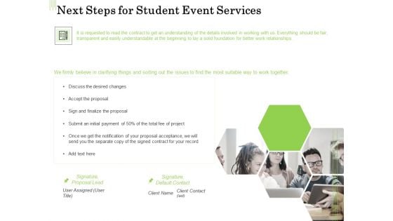 Academic Study Proposal Next Steps For Student Event Services Ppt Deck PDF