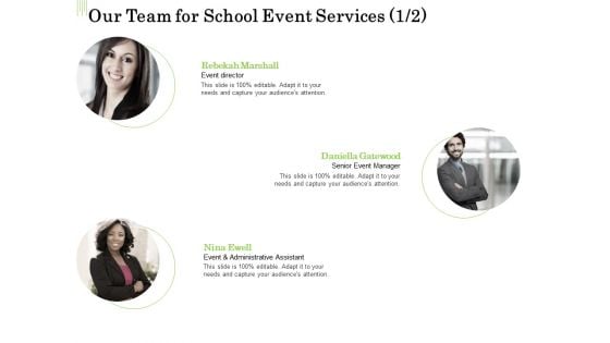 Academic Study Proposal Our Team For School Event Services Communication Ppt Infographics Slide PDF