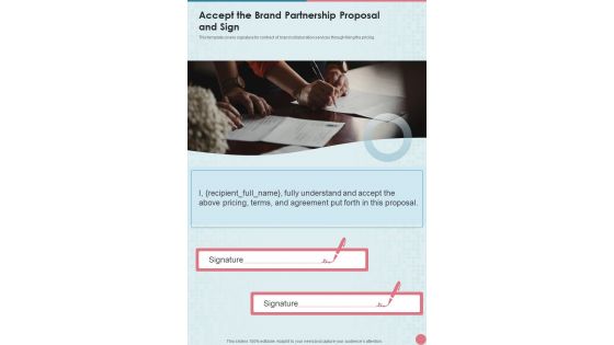 Accept The Brand Partnership Proposal And Sign One Pager Sample Example Document