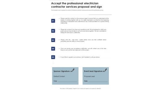 Accept The Professional Electrician Contractor Services Proposal And Sign One Pager Sample Example Document