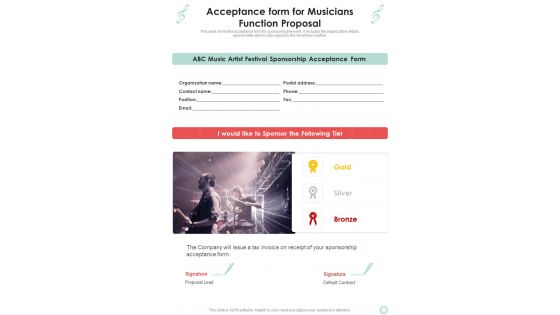 Acceptance Form For Musicians Function Proposal One Pager Sample Example Document