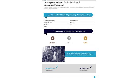 Acceptance Form For Professional Musician Proposal One Pager Sample Example Document Acceptance Form For Professional Musician Proposal One Pager Sample Example Document