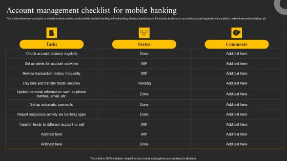 Account Management Checklist For Mobile Banking Ppt Infographic Template Guidelines PDF Account Management Checklist For Mobile Banking Ppt Infographic Template Guidelines PDF