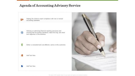 Accounting Advisory Services For Organization Agenda Of Accounting Advisory Service Icons PDF