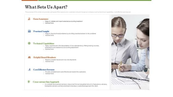Accounting Advisory Services For Organization What Sets Us Apart Ppt PowerPoint Presentation Icon Elements PDF Accounting Advisory Services For Organization What Sets Us Apart Ppt PowerPoint Presentation Icon Elements PDF