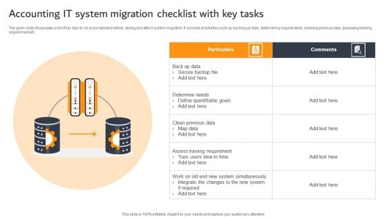 Accounting IT System Migration Checklist With Key Tasks Ppt PowerPoint Presentation Model Format PDF Accounting IT System Migration Checklist With Key Tasks Ppt PowerPoint Presentation Model Format PDF