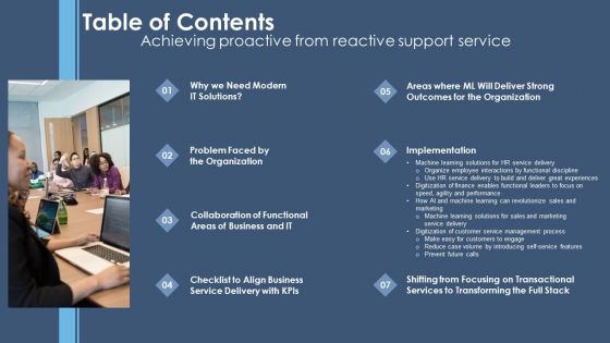 Achieving Proactive From Reactive Support Service Table Of Contents Ppt Infographics Rules PDF